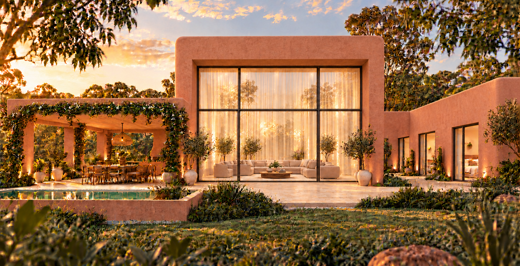 Clay-pink Lar Rosa villa with curved parapets and a courtyard pool