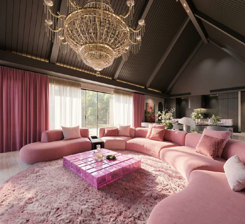 Rendered lounge with a sculptural pale-pink horseshoe sofa