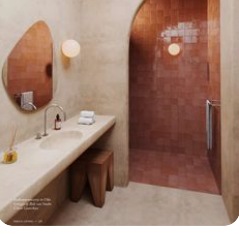 Natural stone bathroom with a terracotta arch