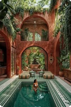 Lush courtyard with arches and reflective water