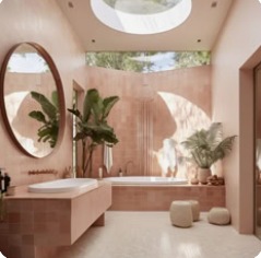 Pale stone bathroom with curved openings