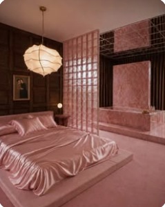 Dusty rose bedroom with layered materials