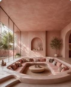 Soft pink lounge with rounded built-in seating