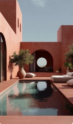 Clay courtyard with a still reflecting pool
