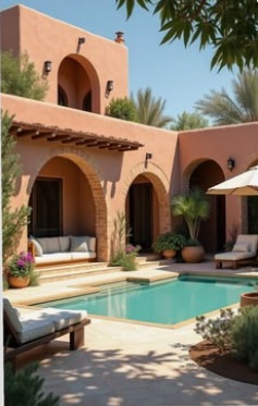 Clay villa opening to a garden pool
