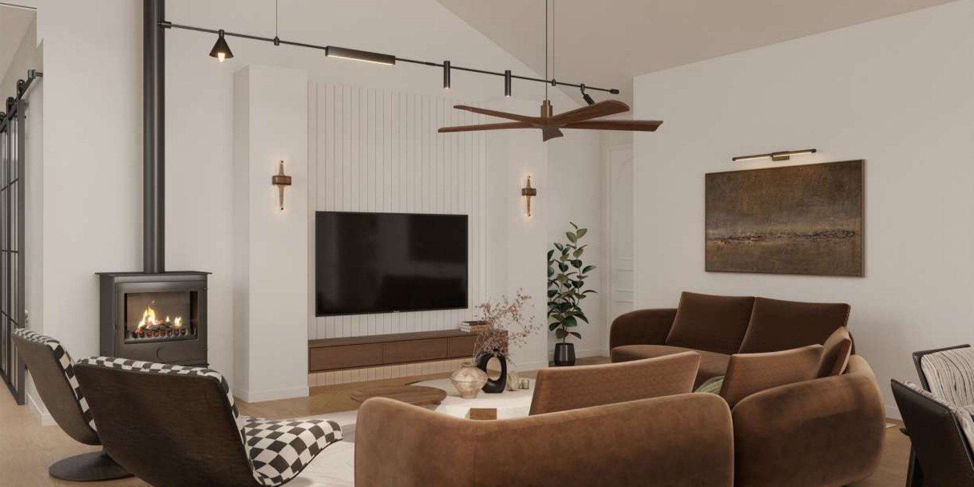 Rendered living room with a warm timber ceiling, sculptural seating and a fireplace