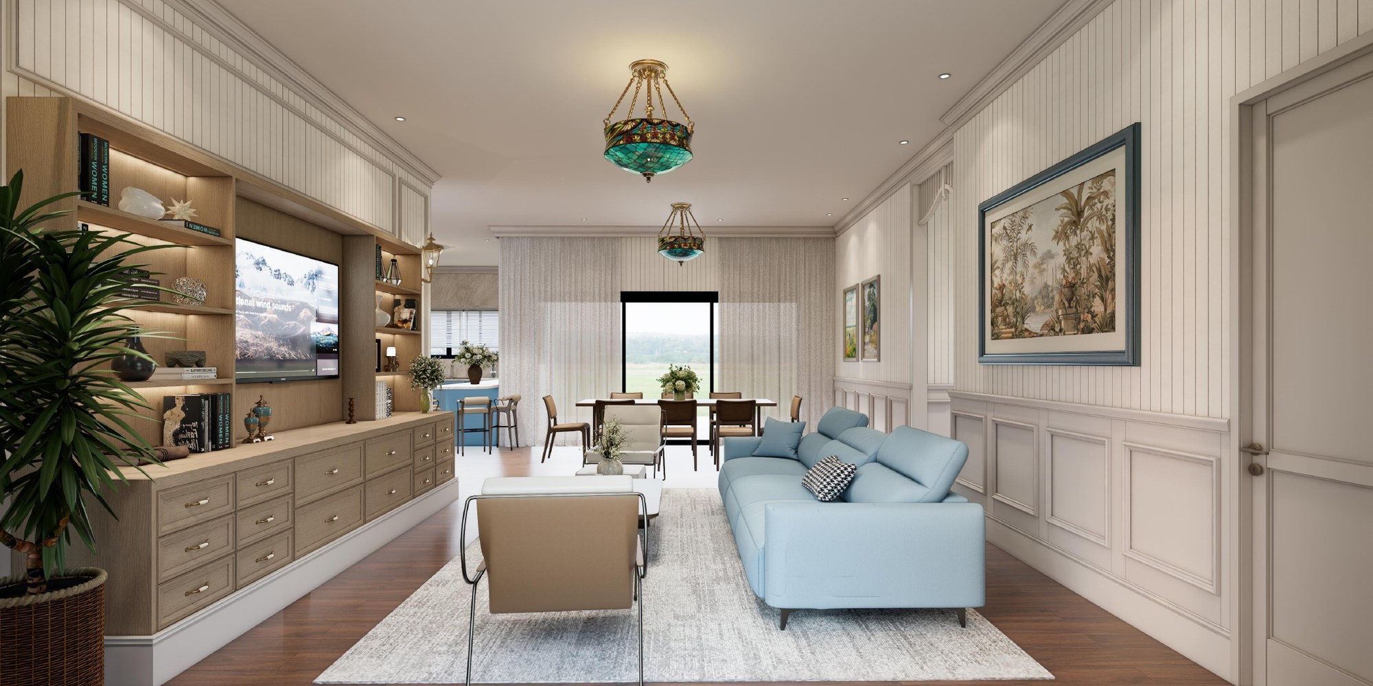 Rendered villa lounge with custom joinery, soft blue seating and a dining space beyond